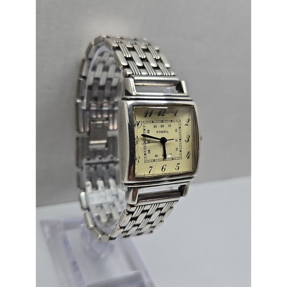 Vintage Fossil Art Deco Tank 26mm Watch Silver Tone Square 1990s New Battery main image 13